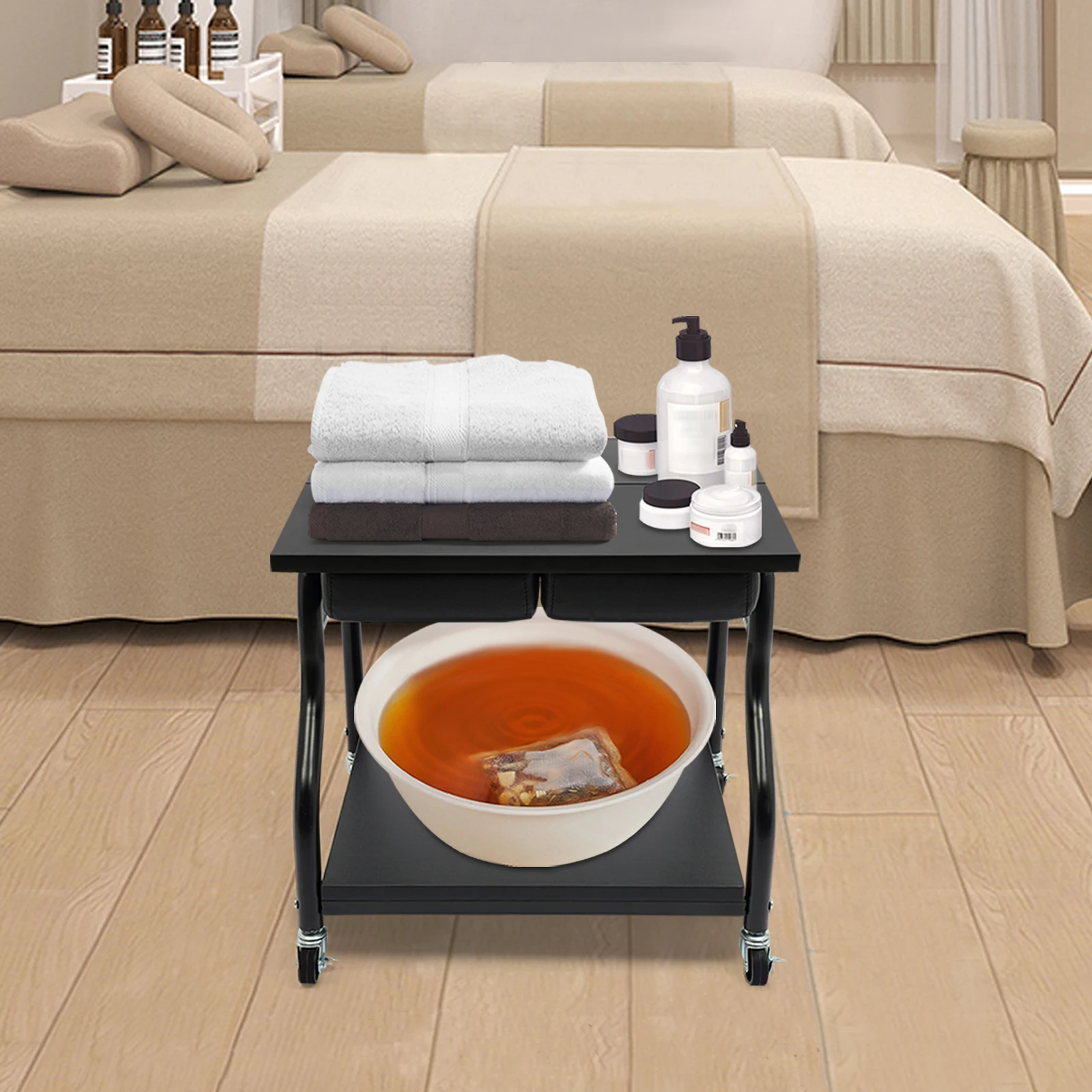 

Portable Esthetician Trolley Cart Stylish Black with Wheels, Multi-functional Foot Bath Trolley for Beauty Salons, Massage Parlors