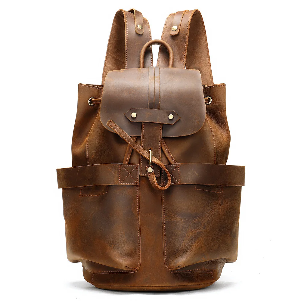 

Men's Genuine Crazy Horse Leather Backpack, Premium Flap Over Design Casual Rucksack, Business Laptop Backpack for Men