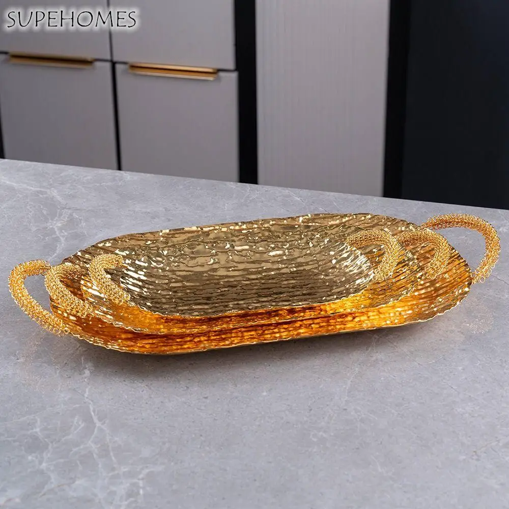 

Desktop Ornament Metal Storage Tray Long Exquisite Fruit Tray Portable with Handle Pastry Display Plate Bread