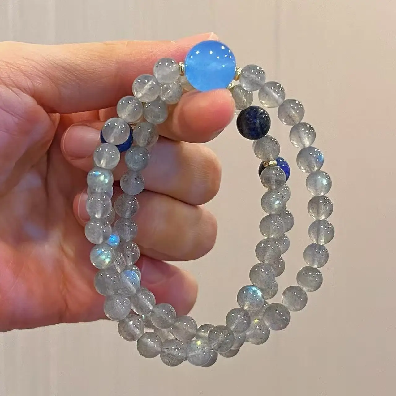 Grey Moonstone & Lapis Lazuli Bracelet, Natural Blue-Grey & Royal Blue Gemstone Beads with Finish,Hand Chain for Her Gift