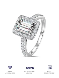 New Arrival 2Carat Halo Emerald Cut Moissanite 925 Sterling Silver Ring for Women Moissanite Wedding Ring Girl