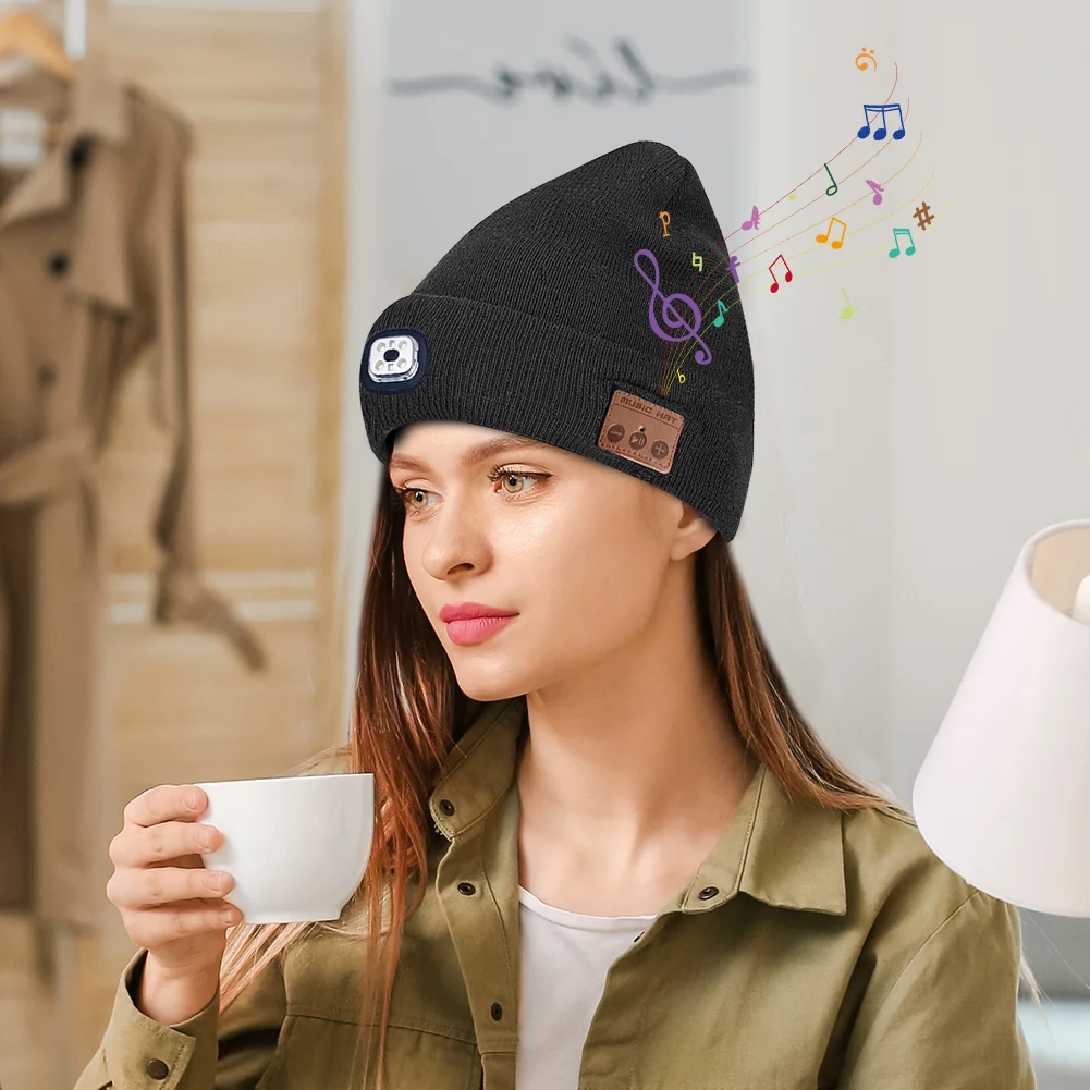 قبعة صغيرة 5.0 متوافقة مع البلوتوث مع قبعة محبوكة موسيقية خافتة خفيفة مع سماعة رأس قبعة متماسكة قبعة أذن تخزين المواد