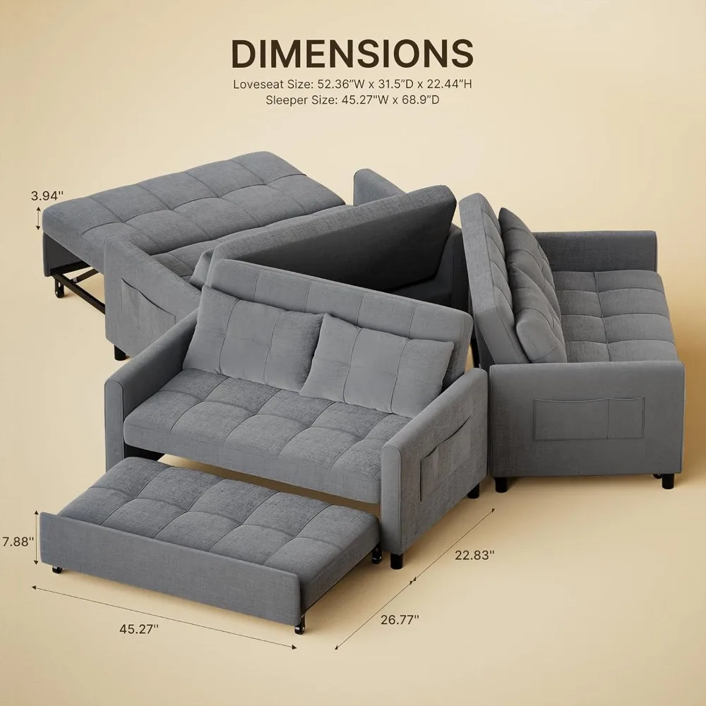 Sofa, Sleeper Sofa Couch Bed, 3 in 1 Convertible Sofa Bed, 52