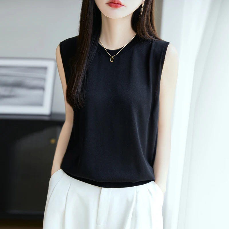 Hot Sales Summer Lyocell and Mulberry silk Blend Tops Women's Casual O-neck Sleeveless Knitted Pullover Soft Comfortable Black