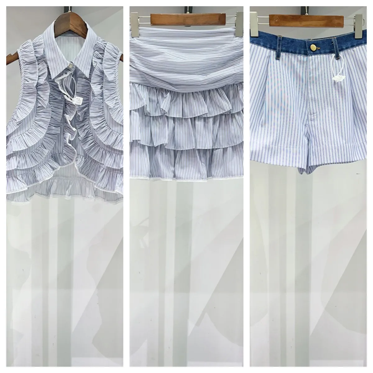 

Ladies' Blue and White Stripe Set Multi layer Ruffle Edge Sleeveless Top+Cowboy Splicing Shorts+High Waist Cake Skirt 26 Spring