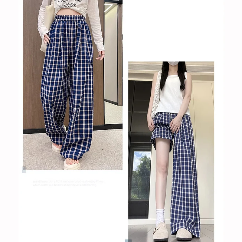 

Женские шикарные клетчатые брюки с высокой талией для девочек, мешковатые удобные брюки с высокой талией, женские модельерские прямые брюки
