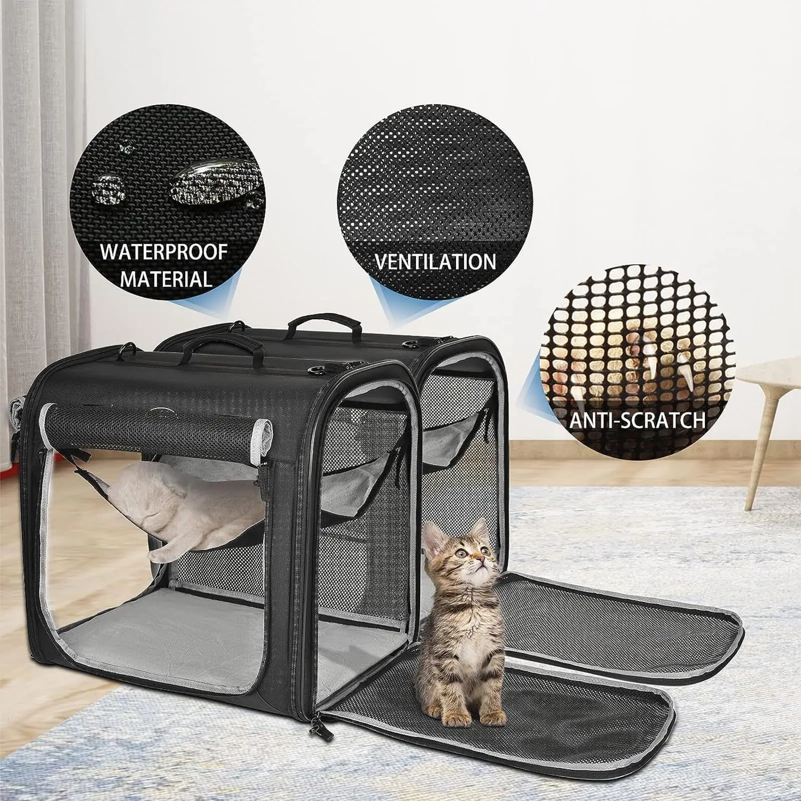 Wakytu Portable Pet Carrier for  for 2 Cats Small Dogs Double Cat Crate Set with Portable Carry Bag Car Travel Indoor Cat House