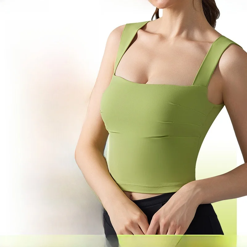 

Женский жилет для йоги с квадратным воротником, топ без рукавов, одежда для пилатеса и фитнеса с нагрудной подушечкой, внутренняя верхняя одежда с поясом, дизайн