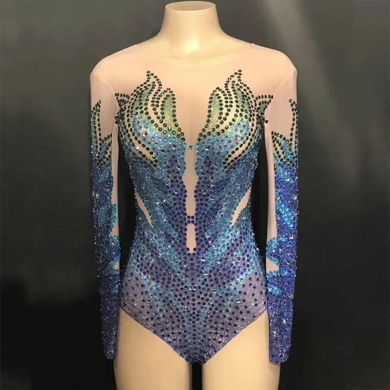 Sexy Stage Women Net Yarn Bodysuit Full Colors Sparkly Rhinestones Jumpsuit Celebrate Nightclub Party Singer Dancer Stage Wear