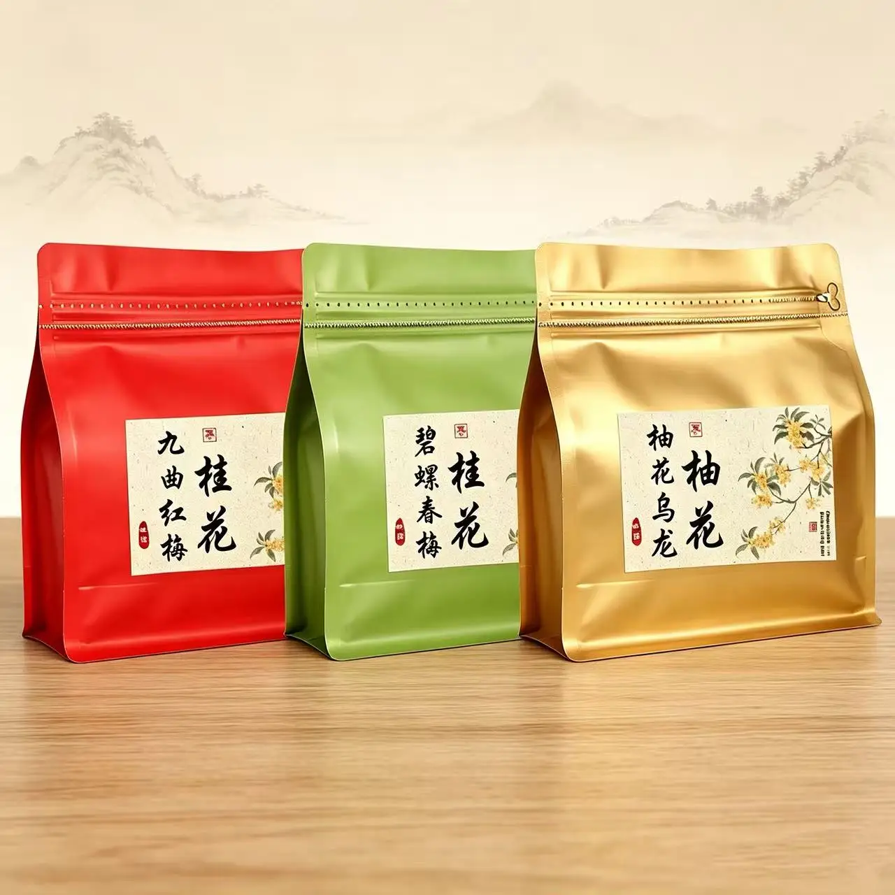 High quality premium flower scented tea jasmine tea aluminum foil bag green black  oolong tea 125g250g packaging bag custom