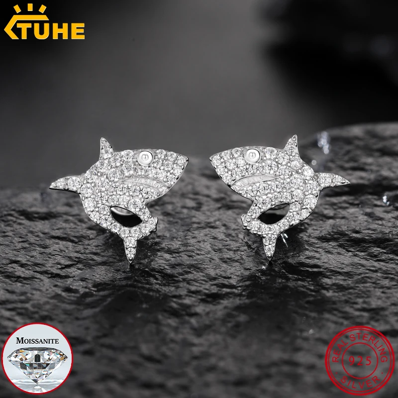 TUHE Unisex Iced Out Shark Earrings Full Moissanite S925 Sterling Silver Spiral Earrings Hip Hop Jewelry Gift