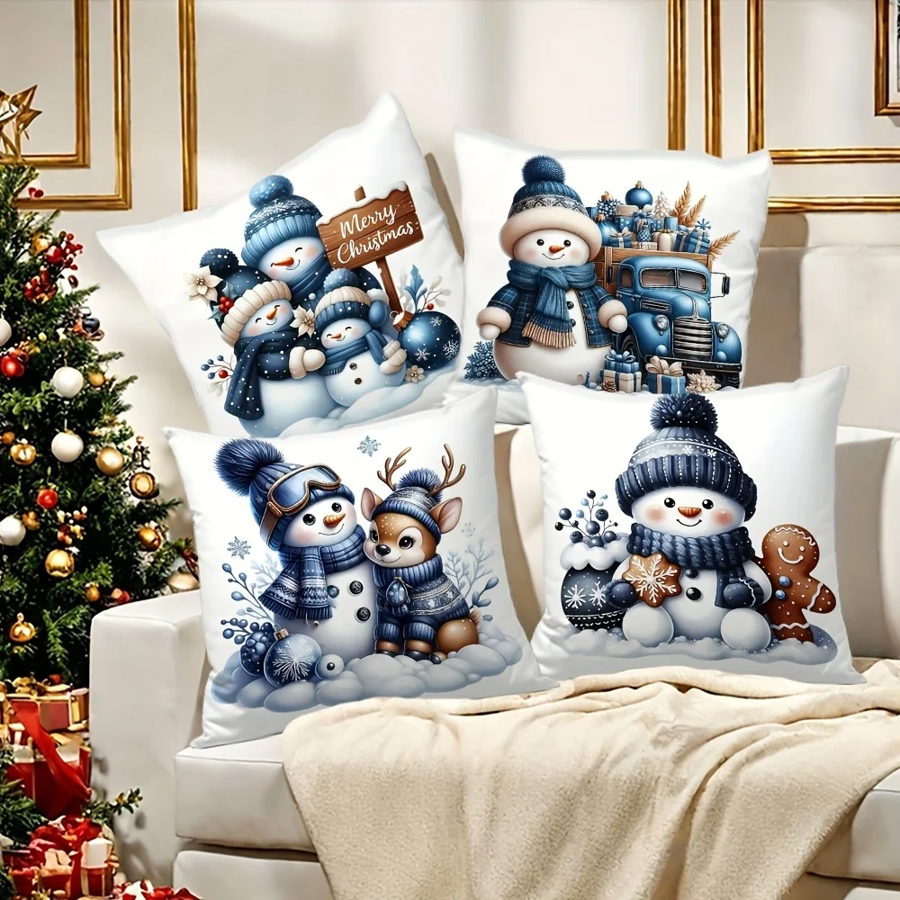 Juego  4 fundas  almohada con diseño naviño  muñecos  nieve, camiones vintage y patrones  renos. Estas hermosas y fu