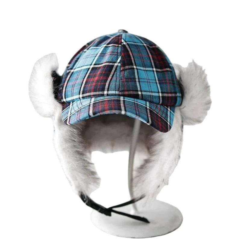 Gorro de Lei Feng a cuadros azul de estilo coreano para mujer, gorro de esquí y volador para otoño e invierno, gorra de béisbol versátil y cálida para ciclismo