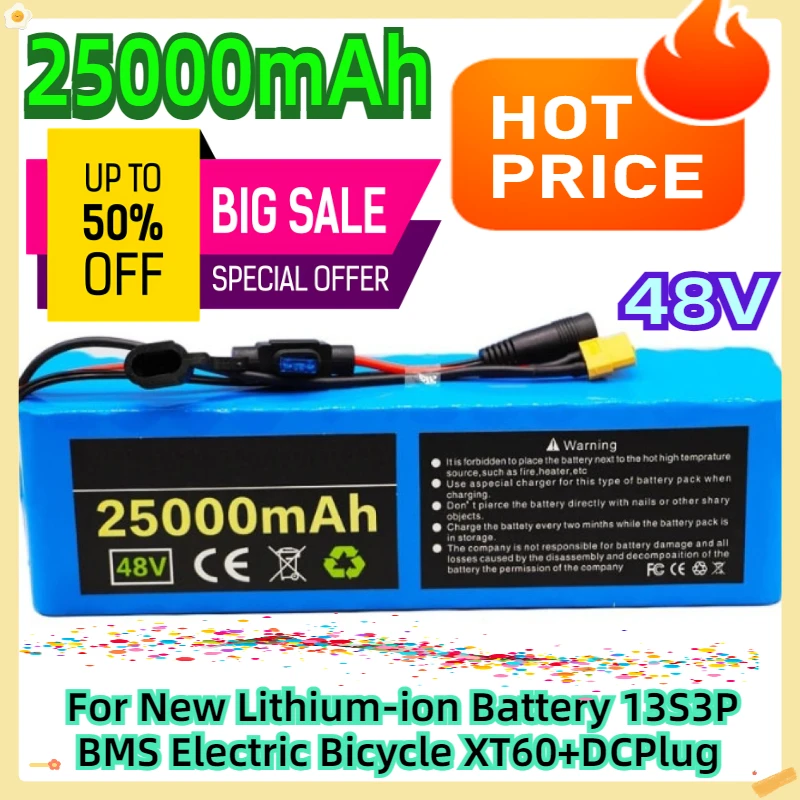 

For New Lithium-ion Battery 48v 25Ah 13S3P BMS Electric Bicycle XT60+DCPlug