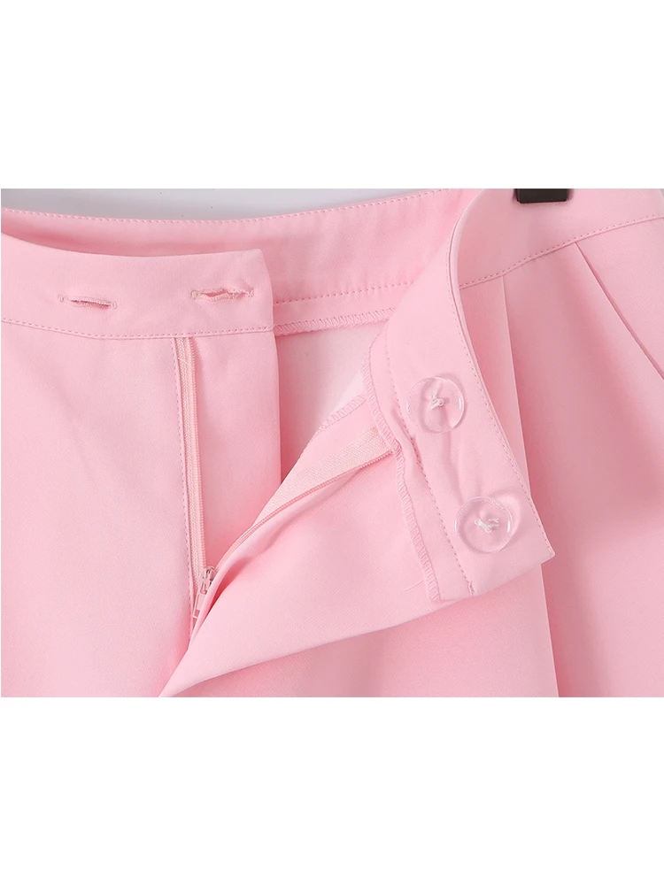 Elegant Women's Blazer Trousers Suit Pink Long Sleeve Double Breasted Short Top Half Straight Pants Set Summer Chic Lady Outfits view 6