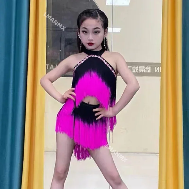 Faldas de baile latino para niños, traje de baile latino con flecos, vestido con borlas, color rosa y negro