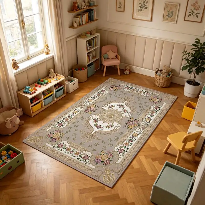 Classic French Rococo Floral Carpet Flooring, Luxury Beige Medallion Square Rug for Bedroom Decor