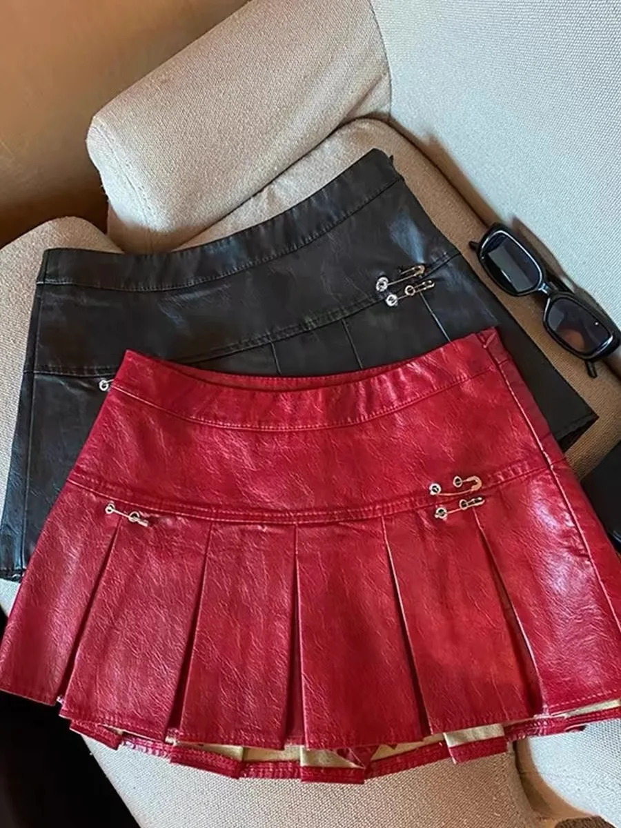 High Waist PU Leather  Skirt Women's Stylish Slimming Gored Skirt Casual High Waist American Style Half-length Skirt