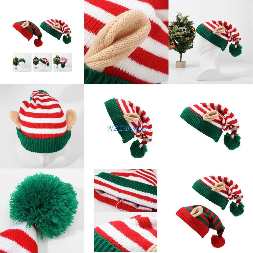 

T21F Holiday Themed Knit Caps With striped Cheerful Winter Accessory Christmas Hats