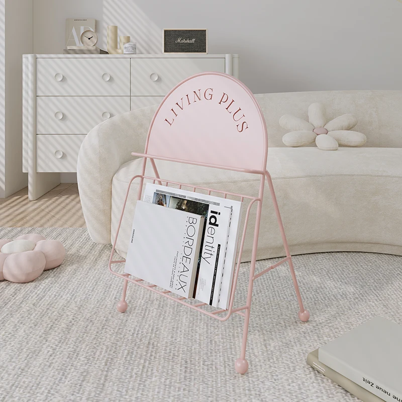 

Pink Wrought Iron Magazine Rack Foldable Newspaper Holder for Living Room Creative Storage Shelf with Space-Saving Design