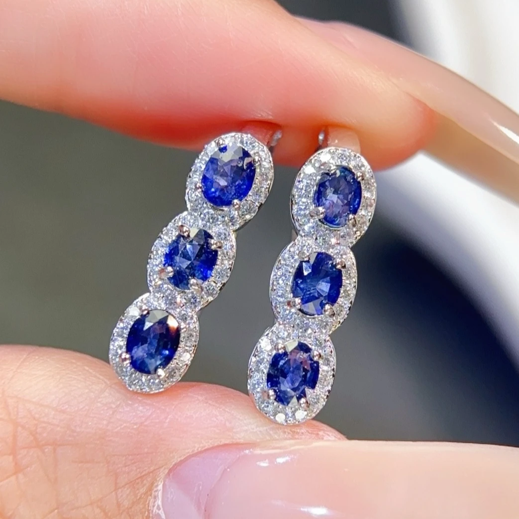 Natural Blue Sapphire Earrings with Jewelry Certificate 4x4mm Genuine Blue Sapphire 925 Silver Hoop Earrings for Wedding