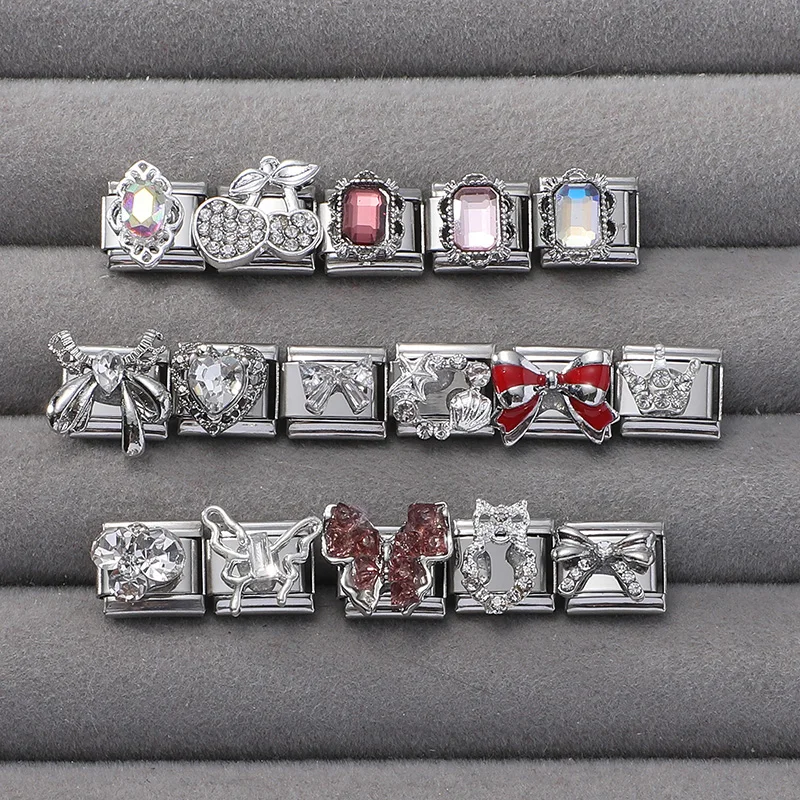 الزركون القلب القوس الكرز الصليب ستار القمر اللؤلؤ الصلب اللون الإيطالية سحر الروابط صالح 9 مللي متر الفولاذ المقاوم للصدأ سوار النساء DIY بها بنفسك صنع #2