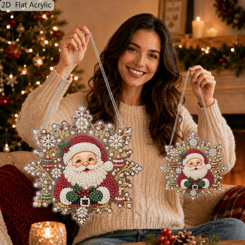 2D Flat, 1Pc 20/30cm Acrylic Hanging Ornament, Snowflake Frame Santa Claus Diamond Painting Pendant, Special Shape Pearl Beaded