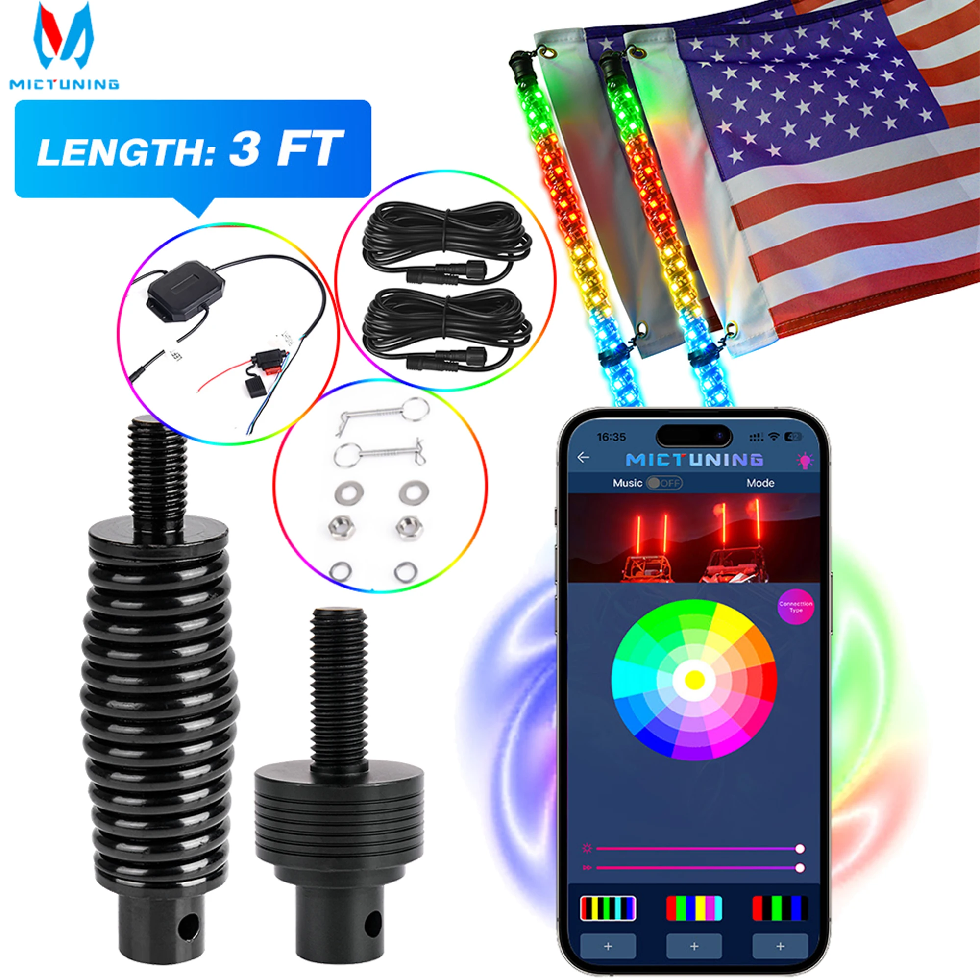 

MICTUNING Control LED 2Pcs 3FT Colorful Flagpole Lights With Bluetooth App And RGB+IC Chasing Color Antenna Whips For UTV ATV