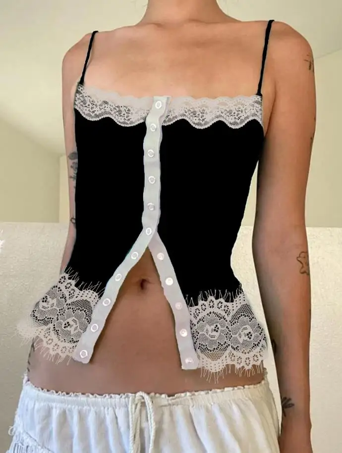 Women Summer Y2K Slim Camisole Button Up Front Tank Top with Lace Trim Spaghetti Strap V-Neck Sleeveless Camis Streetwear