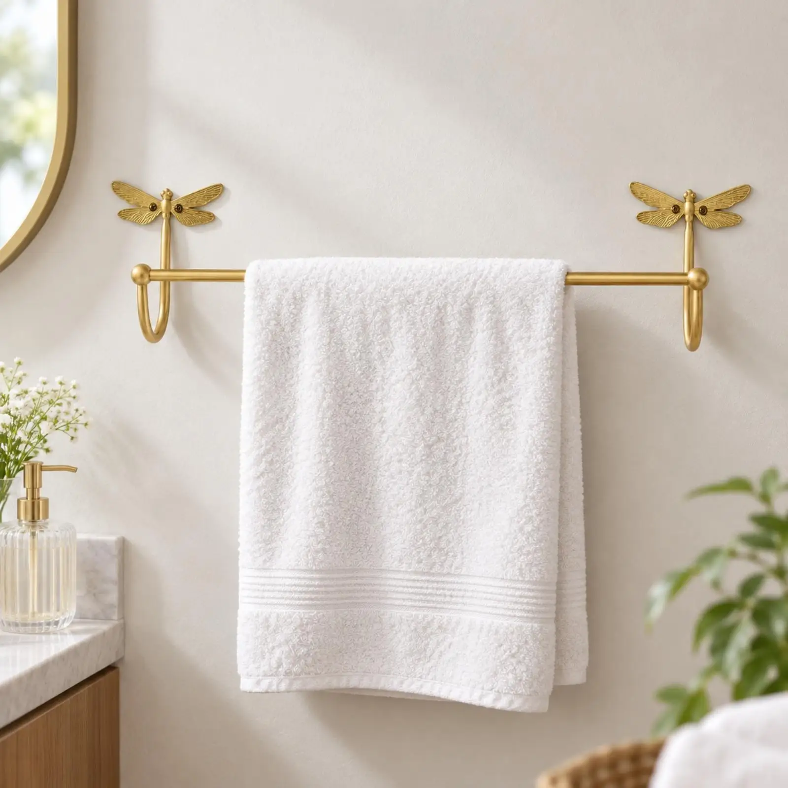 Wall Mount Gold Towel Ring Holder Copper Bathroom Bar with Dragonfly Ornament for Towel Hanging and Drying
