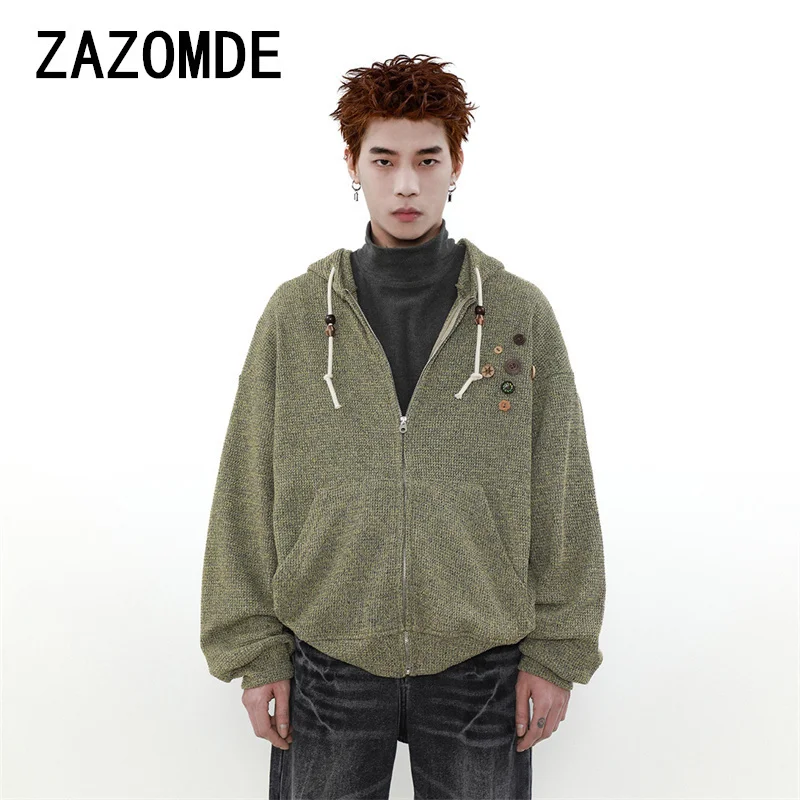 ZAZOMDE Knitted Hoodies Man Vintage Hooded Outwear Personality Streetwear American Style Casual Autumn Fashion Daily Sweater