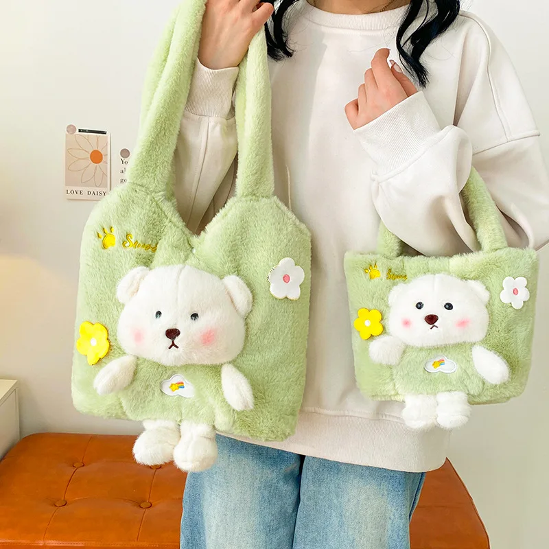 Korean Cute Three-dimensional Bear Furry Hand Bag Large Capacity Single Shoulder Storage Bags Kawai Girls Lovely Sister Style