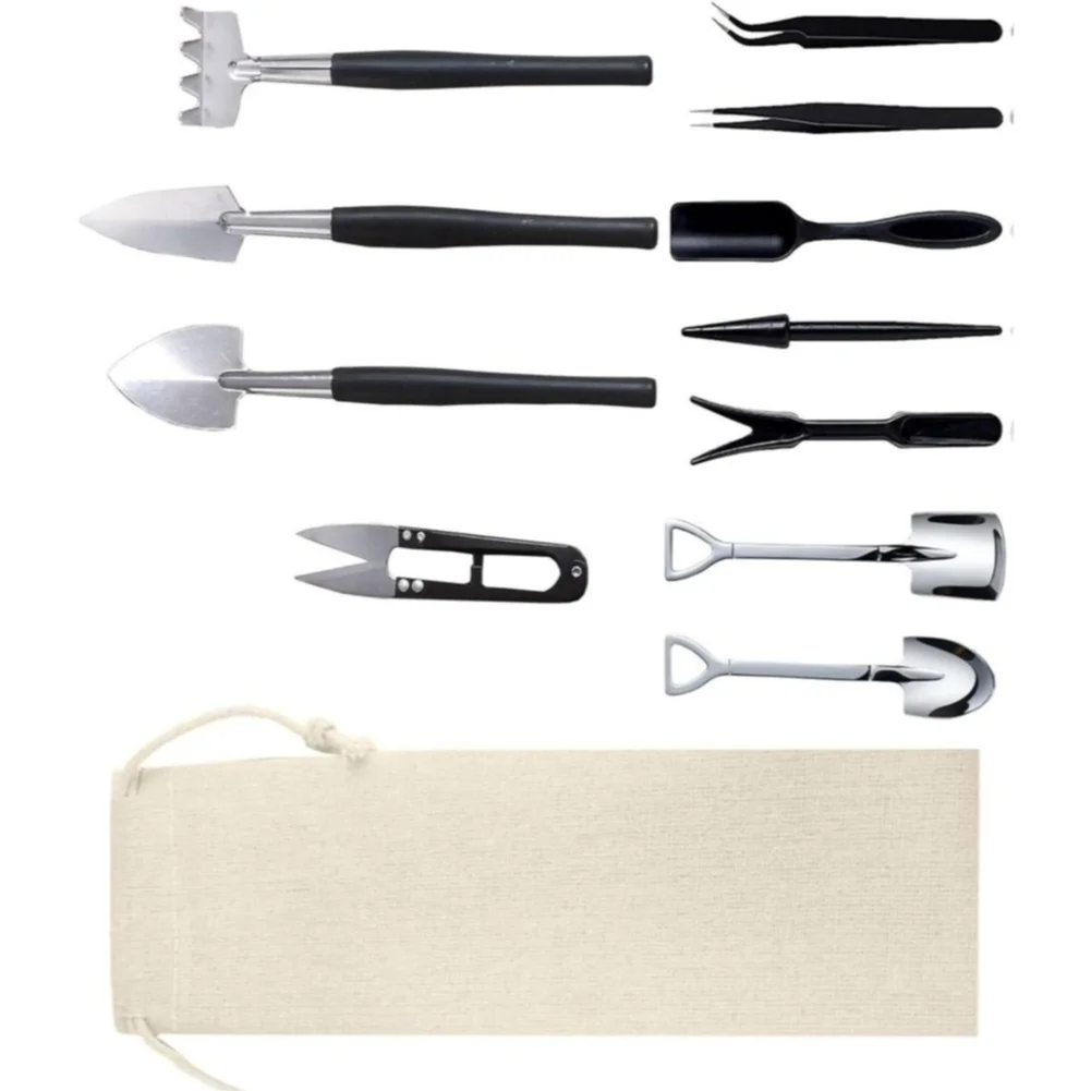 12 Piece Tool Set for Indoor Gardening For succulents and Small Container Plants Includes Rake Shovels Shears Tweezers and Bag