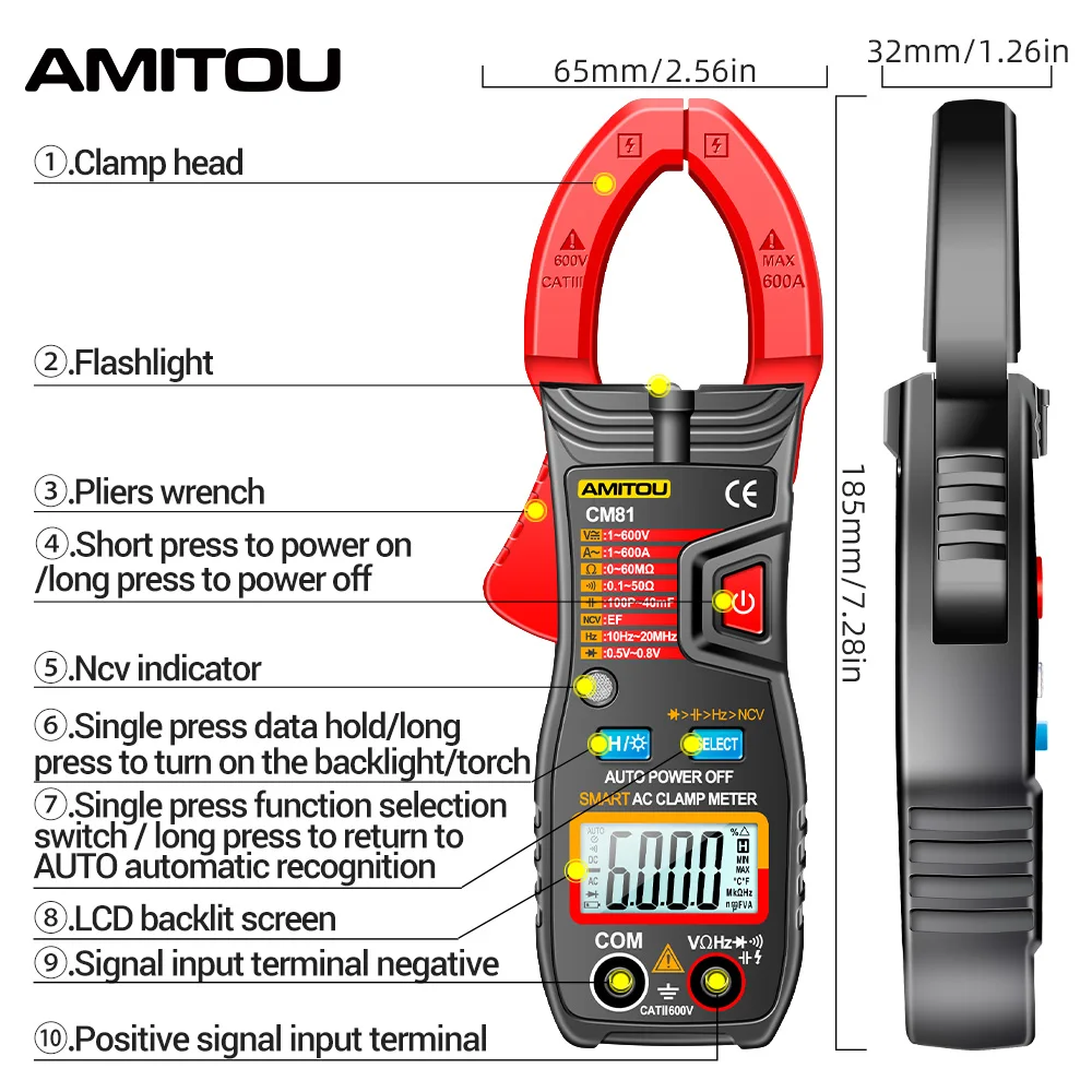 AMITOU CM80/CM81 Digital Clamp Meter AC Current Ammeter Voltage Tester Amp Hz Capacitance NCV Ohm Tester Electrician Tools