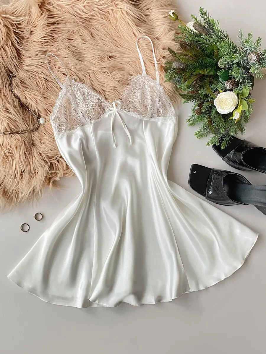 

White Satin Babydoll Nightdress with Lace Trim and Front Bow