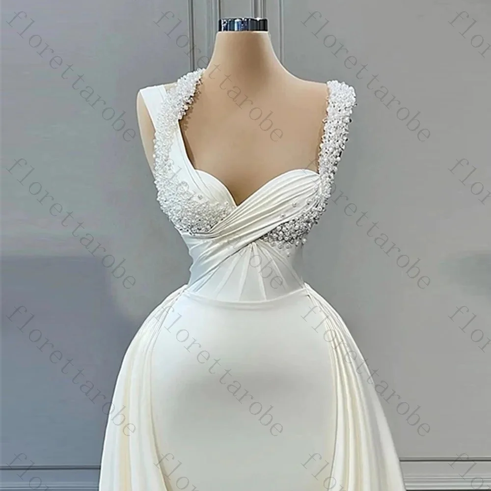 Customized Elegant Spaghetti Strap Sweetheart Open Back Sweep Train A-line Wedding Dresses Layered Draped Satin Bridal Gowns