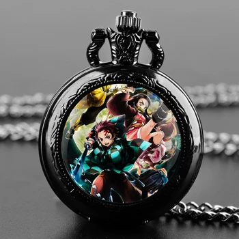 Demon Slayer Tanjiro Nezuko Quarz-Taschenuhr für Damen und Herren, Halskette, einzigartiger Anhänger, schwarze Uhr, Kettenuhr, Geschenkzubehör