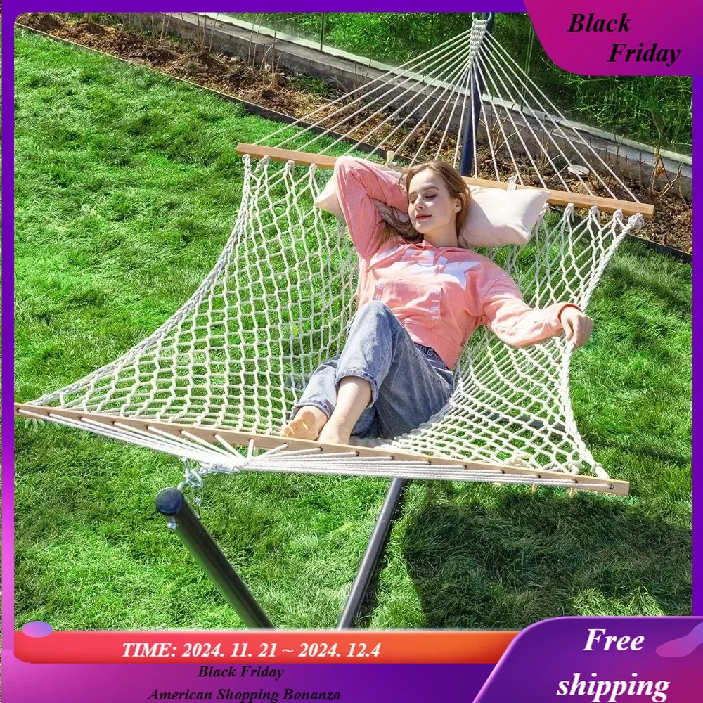 Double Rope Hammock with Stand Included, 12ft Heavy Duty Stand, 2 Person Traditional Cotton Rope Max 475lbs Capacity (Burlywood)