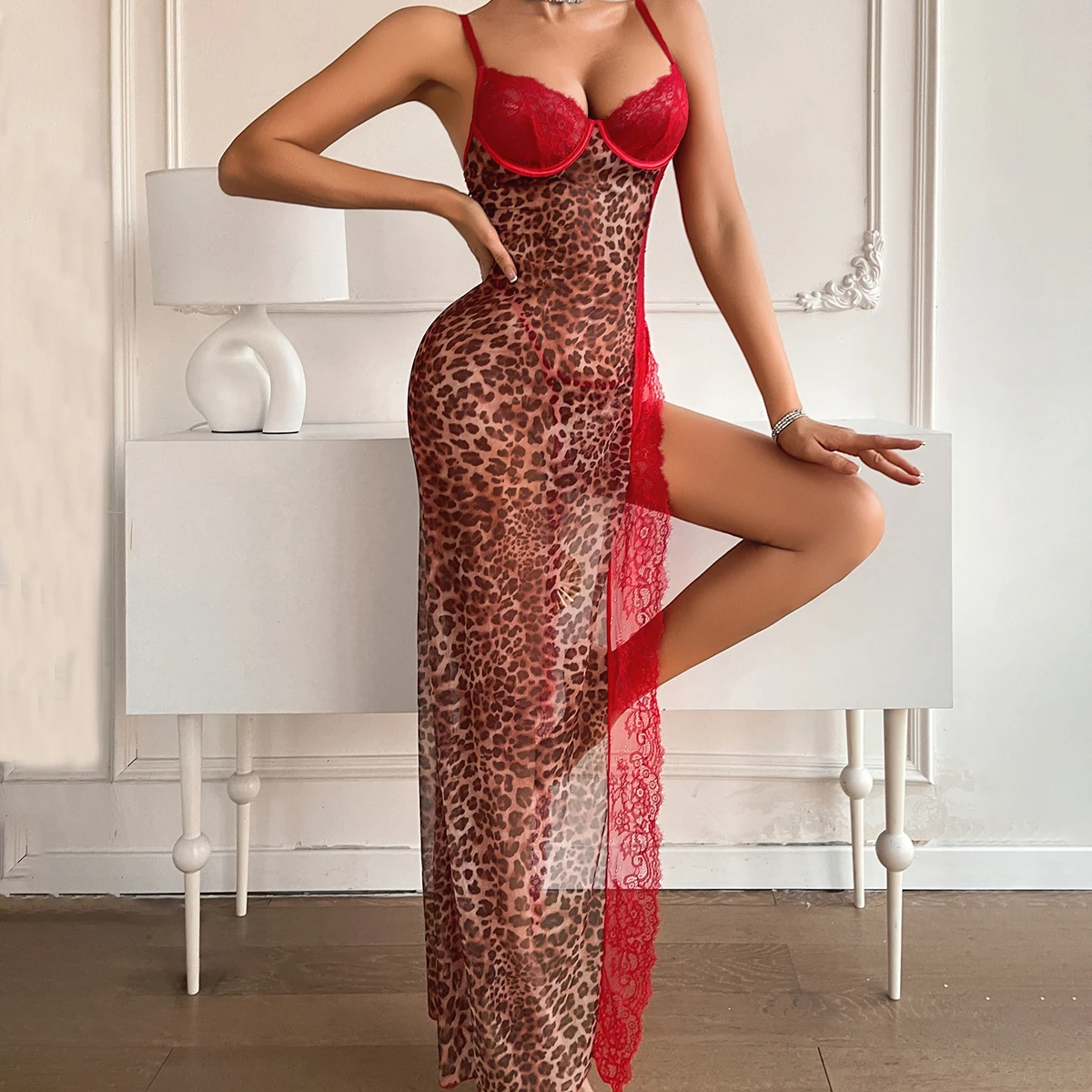 Leopard Lace Nightdress shown from another angle with dramatic slit and fitted shape