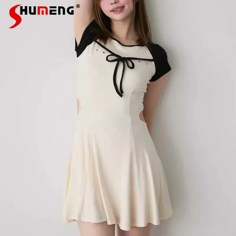 

Japanese Rojita Splicing Lace-up Letter Embroidered Short-sleeved Dress New Women's Round Neck Slim-fitting High-waisted Dresses