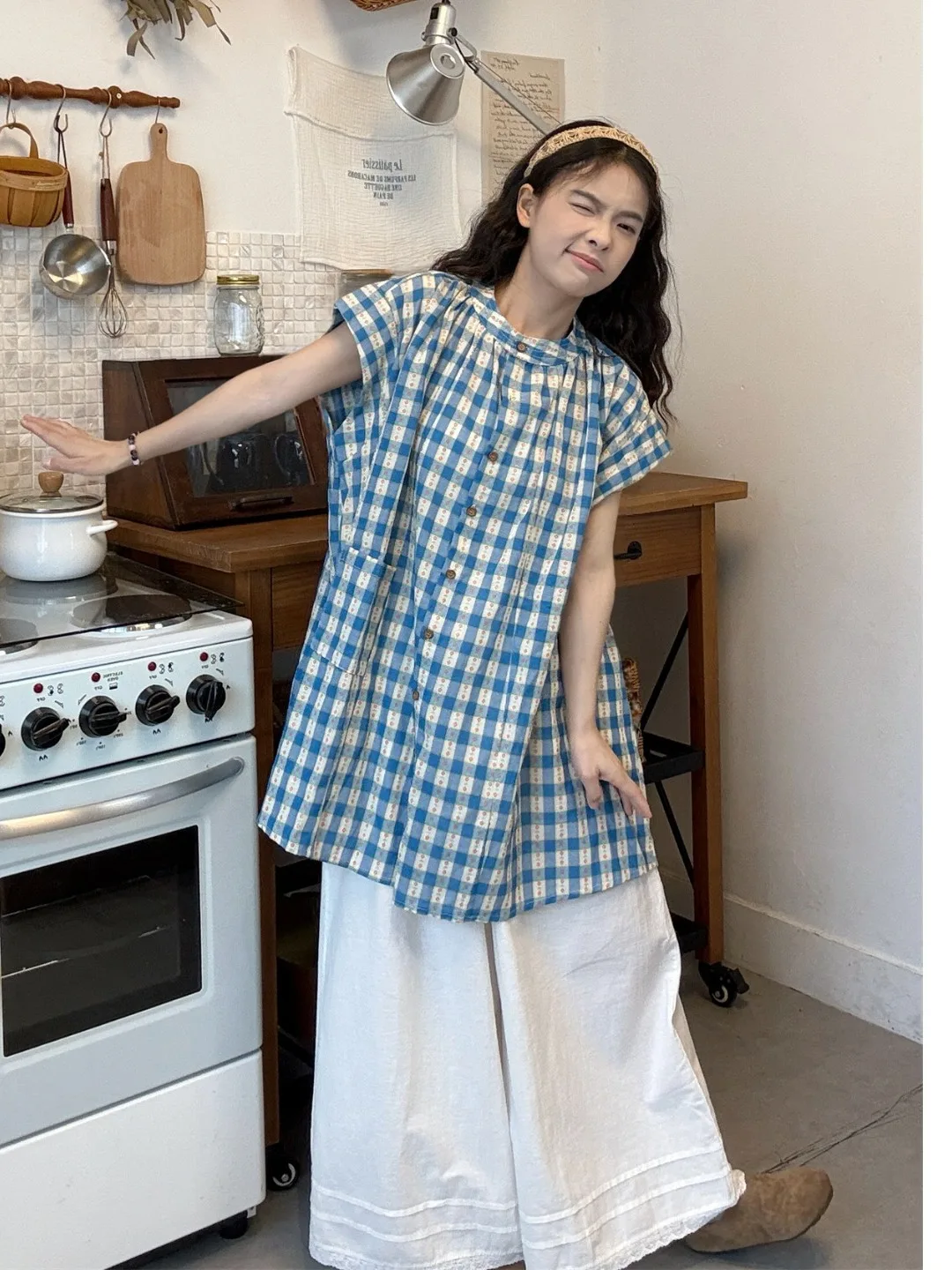 

plus Size Women's Sweet Sle Loose Plaid ort Sve irt High Waist Wide Leg Pants Summer New Arrival Faion Set