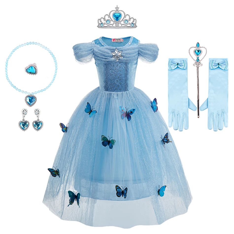 Elsa Cosplay Dress Butterfly Decoration with Accessories Princess Style Suitable School Activities Performance and Birthday Gift