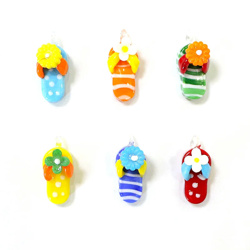 6pcs Hot Colorful Cute Tiny Slippers Charm Glass Pendant Christmas Party Hanging Ornaments DIY Female Jewelry Making Accessories