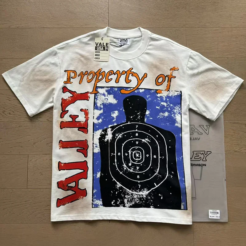Vale Valley Retro Washed Cotton Short Sleeve T-Shirt American Target Print High Quality Heavyweight Vintage Style Streetwear