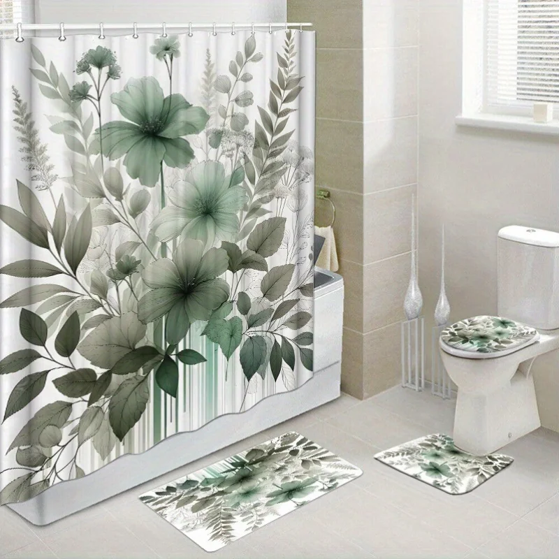 

Набор занавесок для душа из 4 предметов с крючками, коврик для ванной, чехол на сиденье унитаза, нескользящий коврик для ванной комнаты, полиэфирная ткань