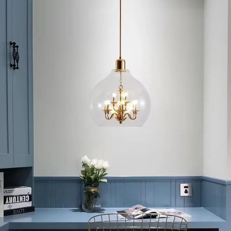 Retro small candlestick glass chandelier, modern minimalist chandelier, unique creative living room decorative lamp