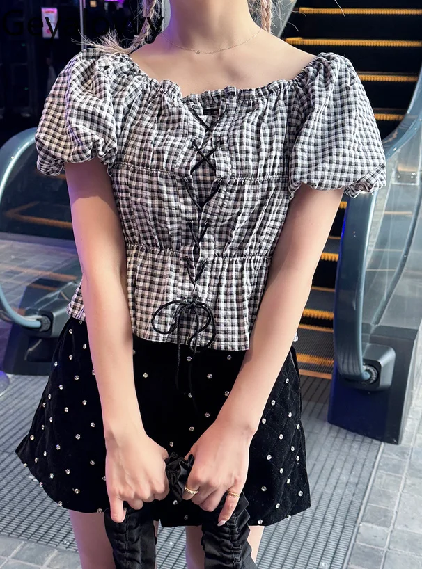 

Summer New Japanese Sweet Shirt Off-shoulder Plaid Cross-lace-up Blouse Cute Girl Versatile Bubble Sleeve Short Slimming Tops