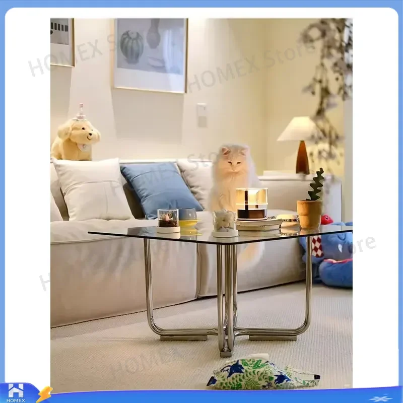 Light Luxury Transparent Glass Tea Table Stainless Steel Square Side Table Low Coffee Table for Living Room Sofa Modern