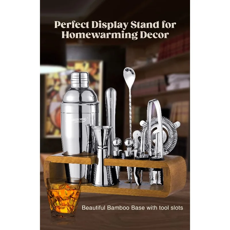 13-Piece All In One Bar Mixing Kit With Stand, Stainless Steel Boston Cocktail Shaker Full Bartender Accessories For Drink Makin