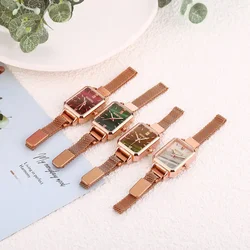 Simple Fashion Women Watch Square Ladies Quartz Wristwatches Magnetic Strap Green Dial Rose Gold Mesh Luxury Women Girls Watches